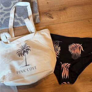 Pink Cove Tote Bag and Black Leaf Print Bikini Bottom NWT Large